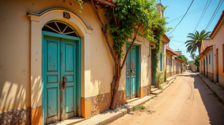 A charming faded turquoise door stands between two unique colonial buildings in a quiet Angolan town, surrounded by lush greenery.の素材