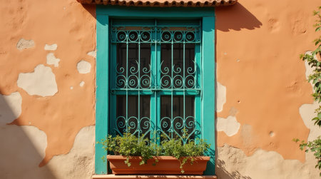 A beautifully crafted Algerian window featuring a decorative wrought iron grille painted teal, adorned with lush greenery below in a terracotta pot.の素材