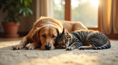 A golden retriever and a cat are peacefully resting side by side on a soft rug, enjoying the warm light from a nearby window.の素材