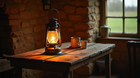 The warm glow of a kerosene lamp brightens a rustic wooden table in a charming country house.の素材
