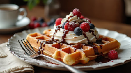 Delicate viennese waffles are served on a plate, generously topped with cream, berries, and a drizzle of chocolate sauce.の素材