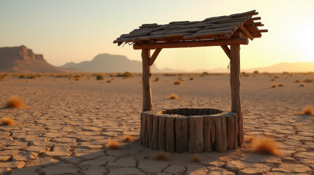 A rustic wooden well is situated alone in a cracked, dried-up wadi at sunset, highlighting the arid, desolate landscape.の素材