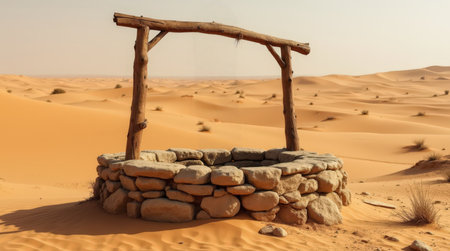 An ancient stone well rests alone in vast desert sands, surrounded by gentle dunes and sparse vegetation under bright sunlight.の素材