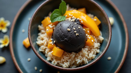 A delightful fusion dessert featuring smooth black sesame ice cream, vibrant fruit, and a bed of rice, perfect for a refreshing treat.の素材