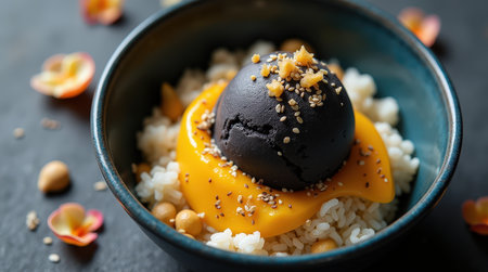 Silky black sesame ice cream on rice, topped with mango puree and nuts, highlights dessert creativity in an elegant bowl.の素材