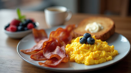 A simple breakfast spread includes scrambled eggs, crispy bacon, toast with butter, and a bowl of fresh berries, perfect for a morning meal.の素材