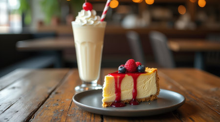 Savor a delicious slice of New York-style cheesecake topped with berries alongside a creamy milkshake in a warm cafe setting.の素材