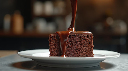 A mouthwatering slice of chocolate sponge cake sits on a plate, with warm sauce dripping over it, creating an inviting dessert display.の素材
