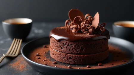 This elegant dessert features a moist chocolate sponge cake topped with glossy chocolate ganache and artfully arranged chocolate curls.の素材
