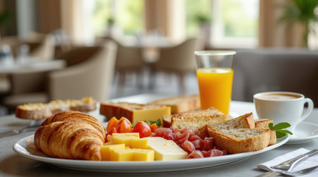 An inviting hotel breakfast spread features fresh pastries, cheeses, fruits, and beverages, designed to entice guests in a bright setting.の素材