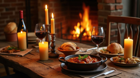 A wooden farmhouse table is beautifully set for a cozy dinner, featuring delicious food and glowing candlelight, enhancing the welcoming atmosphere.の素材