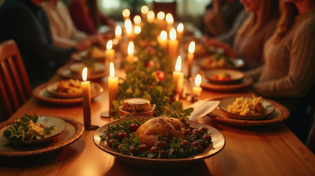 A long wooden dining table is beautifully set with food and candles for a festive family gathering during the evening.の素材