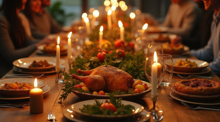 A festive family gathering around a long wooden dining table adorned with candles and a delicious meal, creating a warm atmosphere.の素材