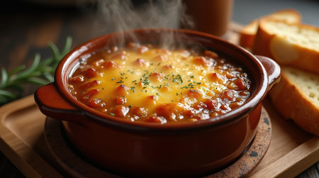 Onion soup bubbling with melted cheese, served with crispy bread warm and invitingの素材