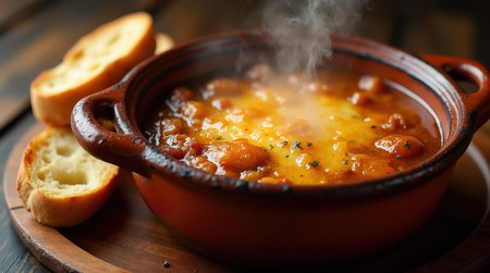 Steaming onion soup rich with melted cheese sits in a deep pot alongside crispy bread slices, inviting warmth and comfort for winter dining.の素材