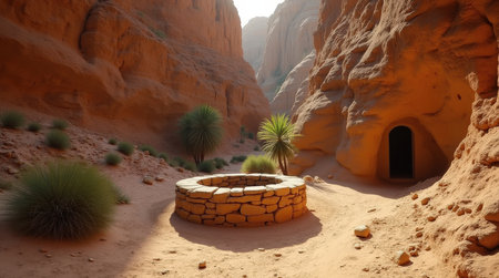 A small ancient stone well sits quietly in a secluded canyon, surrounded by desert flora and soft sunlight, highlighting its historic charm.の素材