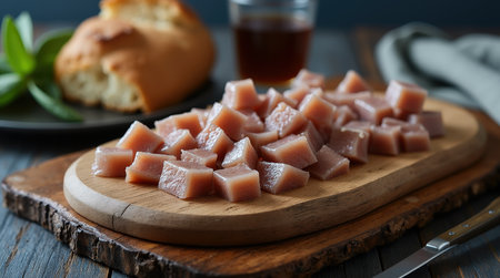 Cubes of traditional fermented shark are beautifully arranged on a rustic wooden platter, showcasing Icelandic cuisine alongside a beverage.の素材