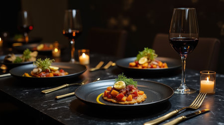 A modern dinner table elegantly set with gourmet dishes, soft candlelight, and fine wine, creating a chic dining atmosphere.の素材