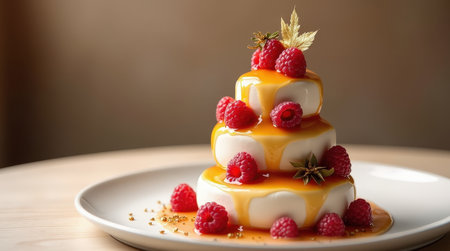 This dessert tower showcases layers of coconut mousse drizzled with caramel and garnished with fresh raspberries, ideal for any sweet occasion.の素材