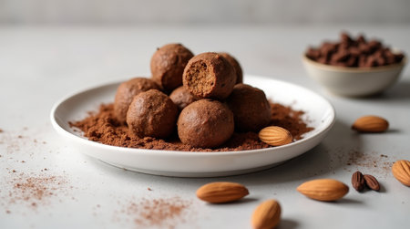 Delicious protein balls crafted from ground almonds and cocoa powder, served on a plate. Perfect for a healthy snack or energy boost.の素材