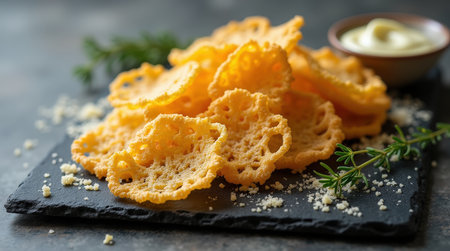 Golden parmesan cheese crisps are arranged with care on dark slate, inviting a delightful taste experience with a creamy dip.の素材
