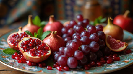 Clusters of purple grapes and bright pomegranates are beautifully arranged on a decorative platter, creating a colorful and inviting fruit display.の素材