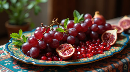 Clusters of rich purple grapes and fresh pomegranate halves are arranged elegantly on a decorative platter in a warm indoor space.の素材