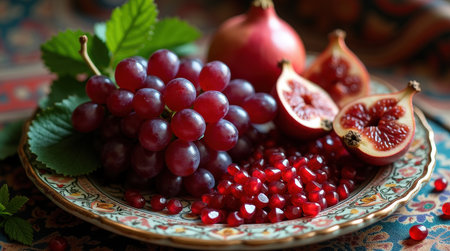 Clusters of fresh grapes, cut figs, and pomegranate seeds decorate a beautifully arranged platter.の素材
