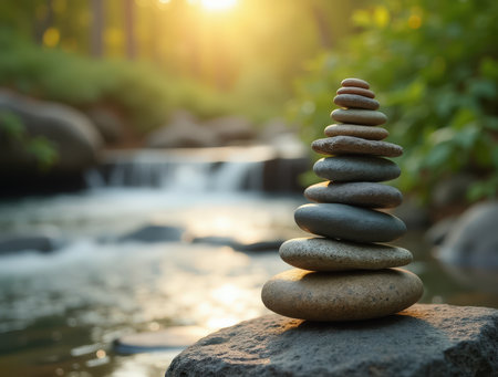 A carefully arranged stack of stones stands by a gentle stream, bathed in warm sunlight filtering through forest trees, evoking tranquility.の素材
