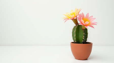 A vibrant flowering cactus in a simple terracotta pot brightens up a clean, minimalistic interior space.の素材