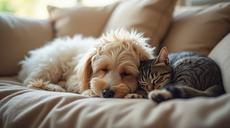 A fluffy bolognese dog and a tabby cat sleep side by side on a cozy couch, enjoying a tranquil moment together in the afternoon sun.の素材