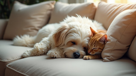 A fluffy bolognese dog and a sleepy orange cat rest peacefully on a couch, enjoying each other's company.の素材