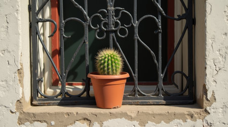 A vibrant green cactus in a terracotta pot sits on a sunlit windowsill, framed by an ornate iron grill and rustic wall.の素材