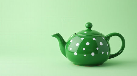 A cheerful green teapot adorned with white polka dots sits against a light green backdrop, perfect for festive St Patricks Day gatherings.の素材