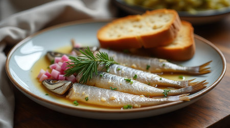 A delectable plate showcases Norwegian herring paired with mustard sauce, fresh herbs, pickled onions, and bread slices, perfect for a meal.の素材