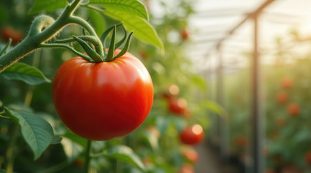 A vibrant red tomato hangs on a branch inside a greenhouse, pecked at by birds, showing nature's interaction with cultivated plants.の素材