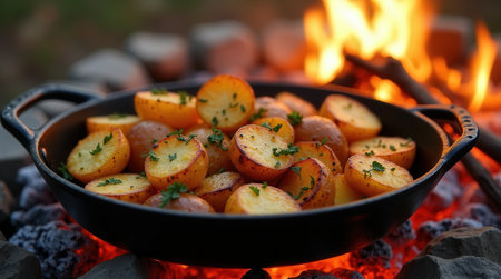 Golden roasted potatoes sizzle over an open flame, creating a delightful aroma in a rustic outdoor setting during the evening.の素材