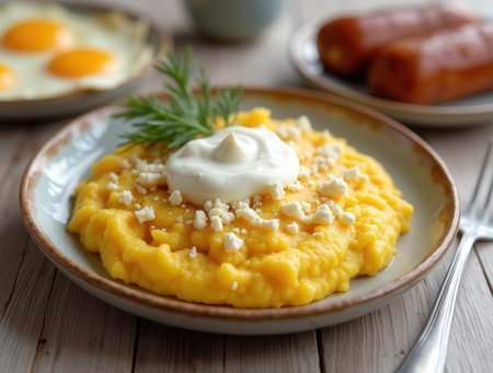 A rustic dish of mmlig topped with cheese and sour cream is served, highlighting traditional Romanian flavors and ingredients.の素材