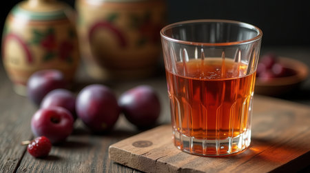 A crystal-clear glass of uic, Romania's traditional plum brandy, plums showcases vibrant hues alongside on a rustic wooden surface.の素材