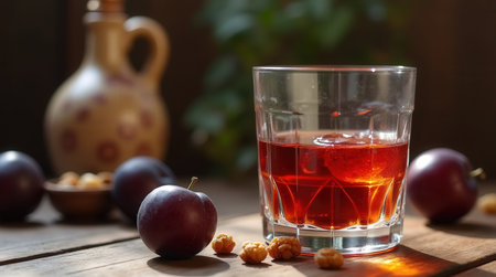 A crystal-clear glass of uic plum brandy sits on a wooden table beside fresh plums and nuts, showing Romanian tradition and culture.の素材