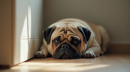 A pug lies curled up in the corner of a room, looking sad after receiving a scolding from its owner, surrounded by warm lighting.の素材
