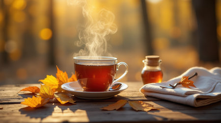 A steaming cup of tea rests on a rustic wooden table, surrounded by vibrant autumn leaves under warm yellow sunlight.の素材