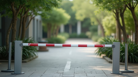 A closed barrier gate stands in a tranquil outdoor courtyard with red and white colors, framed by trees and pathways, indicating restricted access.の素材
