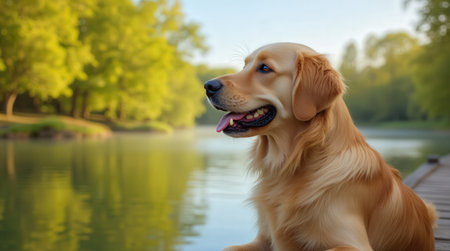 A golden retriever sits peacefully at the water's edge, enjoying the calm surroundings and gentle sunshine in a tranquil setting.の素材