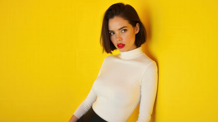 A person with short dark hair styled in a bob poses confidently against a bright yellow background, showcasing bold red lipstick and a sleek outfit.の素材