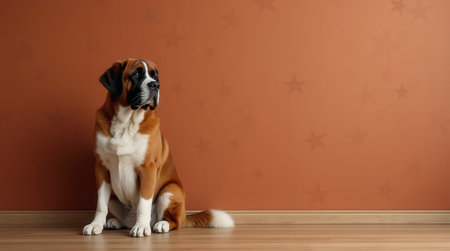 A Saint Bernard relaxes calmly on a wooden floor beside a warm terracotta wall, creating a cozy atmosphere in the indoor space.の素材