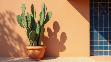 A tall prickly pear cactus flourishes in a rustic terracotta pot beside a textured orange wall, casting unique shadows.の素材