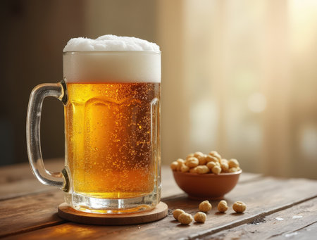 A frosty mug filled with golden beer and a foamy white head sits on wooden table next to a bowl of snacks in warm atmosphereの素材