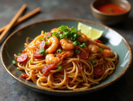 Steaming plate of char kway teow features glossy noodles, shrimp, and fresh green onions. Served with chili sauce and lime on the side.の素材