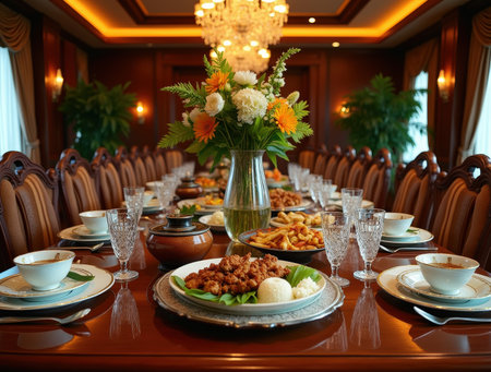 A Malaysian family enjoys a lavish dinner gathering showcasing a variety of traditional dishes on an ornate wooden table.の素材
